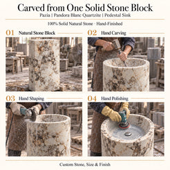 Pazia Pandora Blanc Quartzite Pedestal Sink carved from one solid natural stone block with hand carving, shaping and polishing