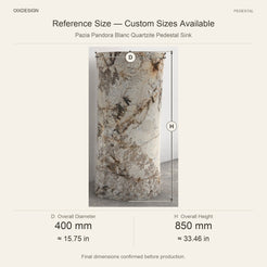 Pazia Pandora Blanc Quartzite Pedestal Sink reference overall dimensions in millimeters and inches