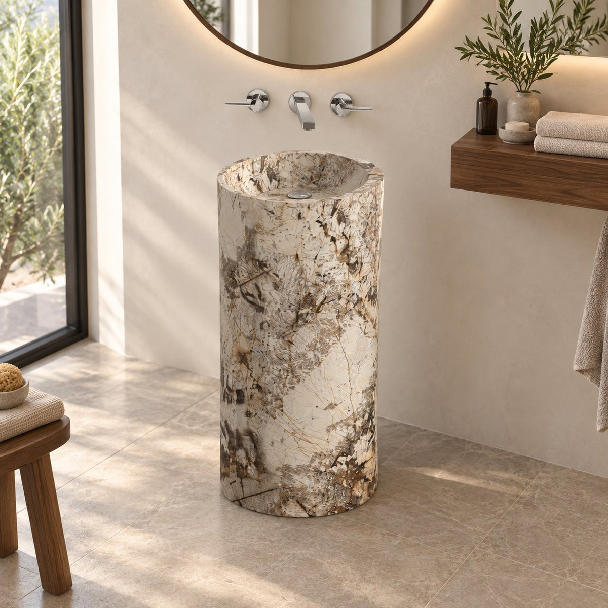 Pazia Pandora Blanc Quartzite Pedestal Sink — three-quarter full pedestal bathroom lifestyle