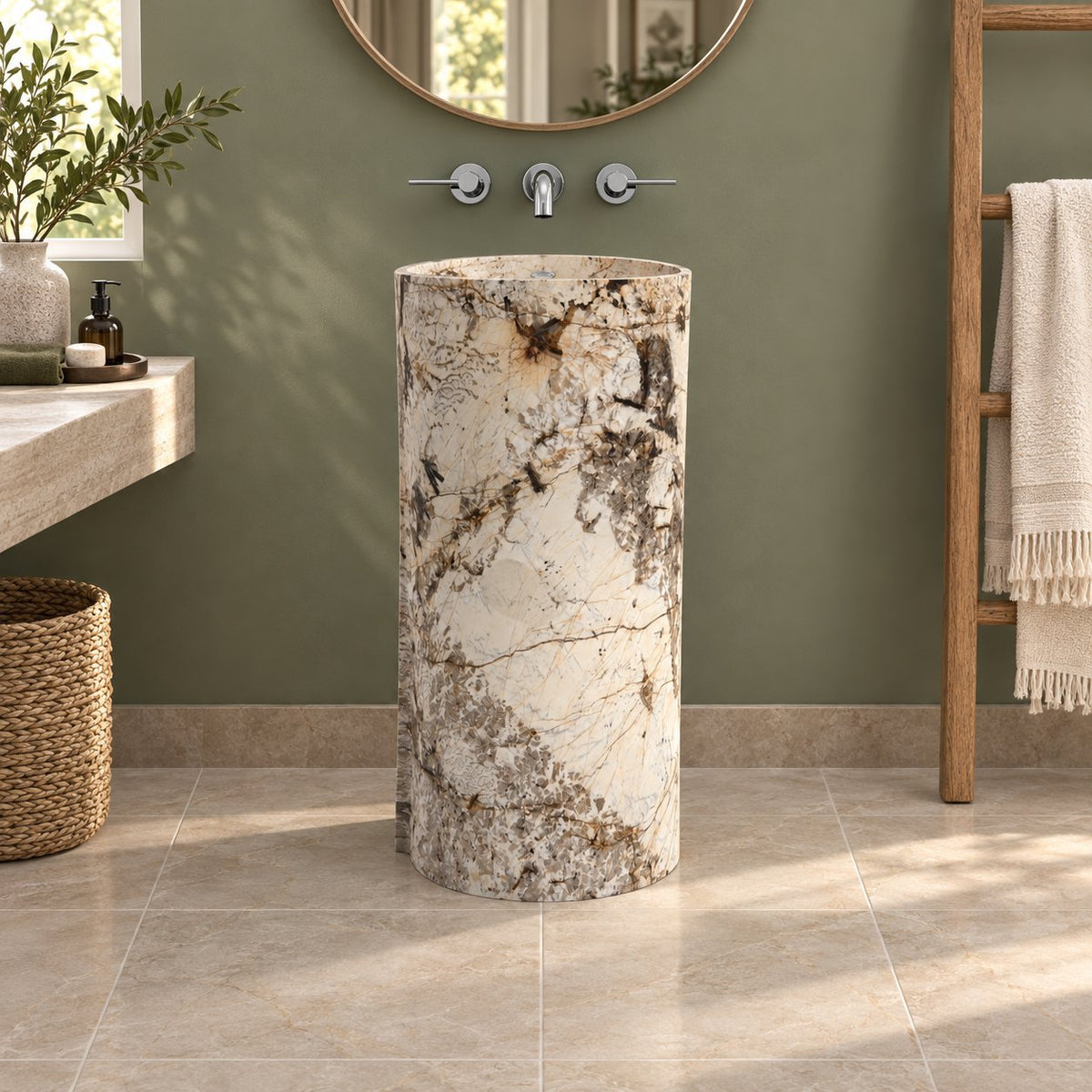 Pazia Pandora Blanc Quartzite Pedestal Sink — frontal full pedestal bathroom lifestyle