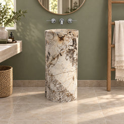 Pazia Pandora Blanc Quartzite Pedestal Sink — frontal full pedestal bathroom lifestyle