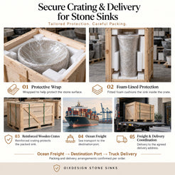 Secure crating and delivery for stone pedestal sinks: protective wrap, foam-lined protection, reinforced crating, ocean freight and truck delivery. Packing and delivery arrangements confirmed per order.