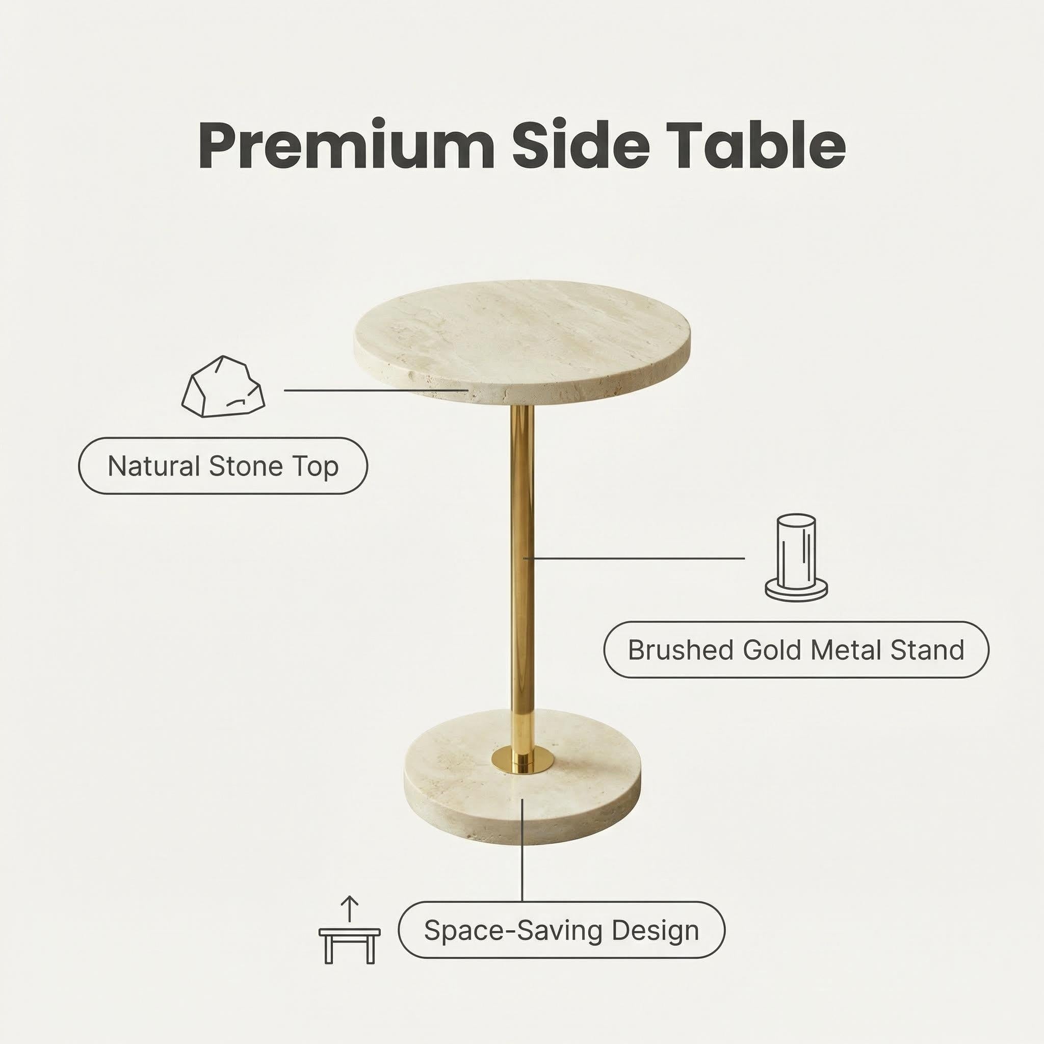 Design features of the Pillar travertine side table with natural stone top and metal base
