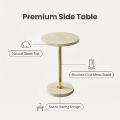 Design features of the Pillar travertine side table with natural stone top and metal base
