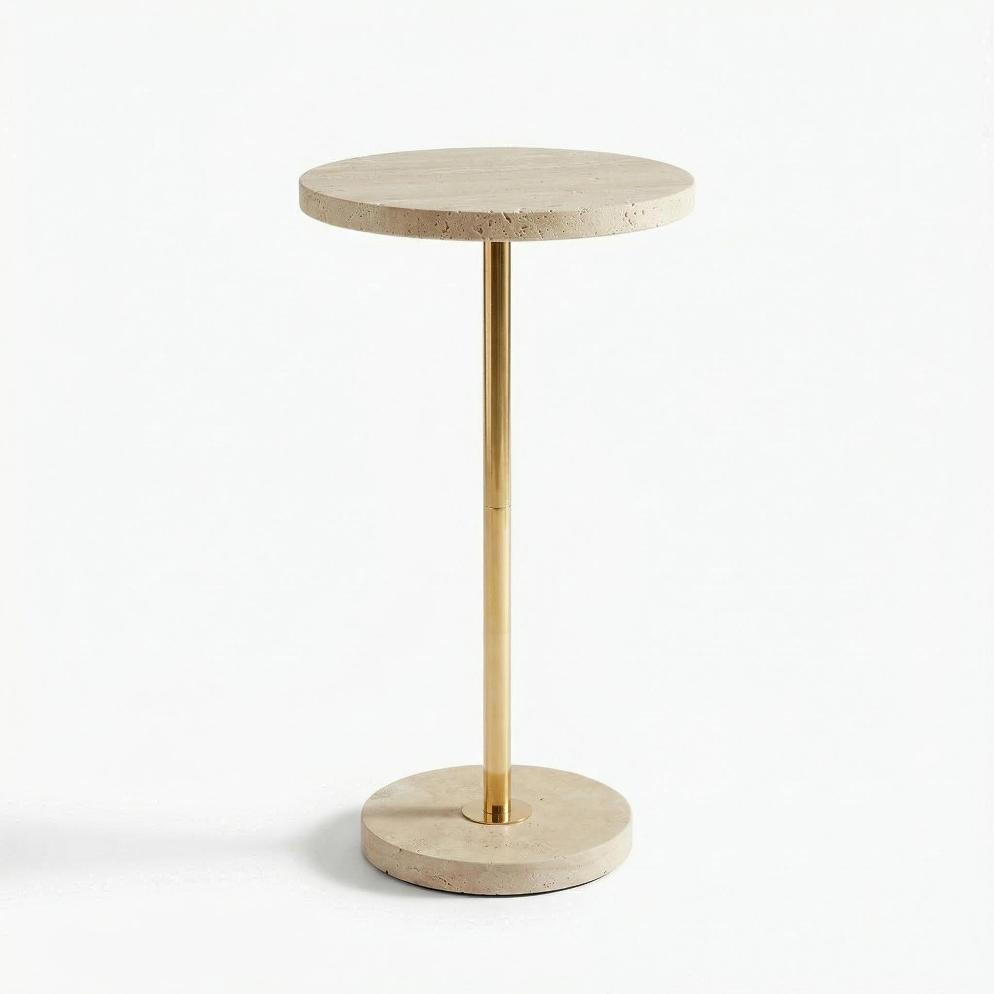 Pillar travertine side table with slim metal base by OIXDESIGN
