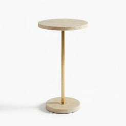 Pillar travertine side table with slim metal base by OIXDESIGN

