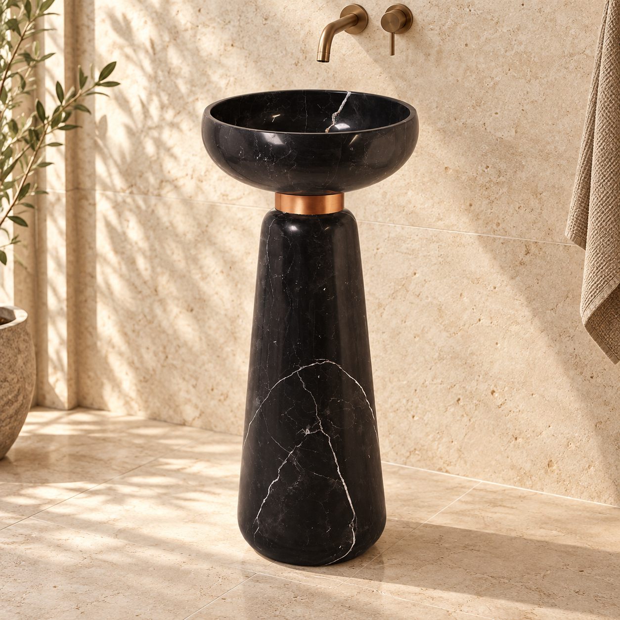 Polika Portoro Black Marble Pedestal Sink — complete round bowl, copper-coloured collar and tapered pedestal in a warm stone bathroom
