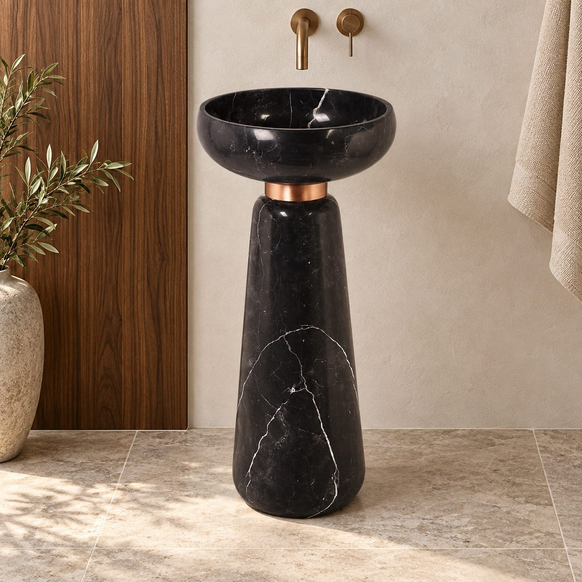 Polika Portoro Black Marble Pedestal Sink — complete pedestal sink against walnut and plaster walls