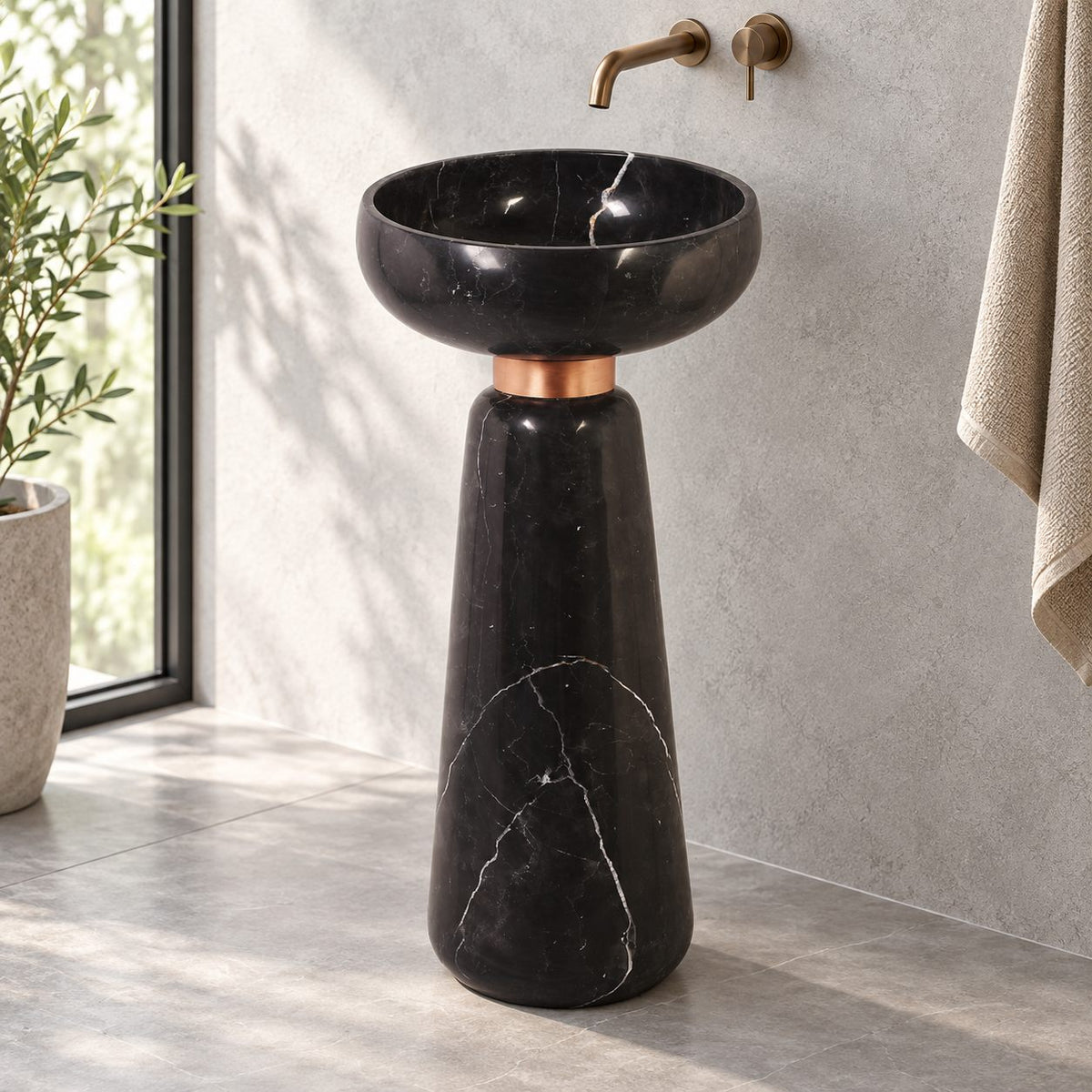 Polika Portoro Black Marble Pedestal Sink — complete pedestal sink beside a window and grey bathroom wall
