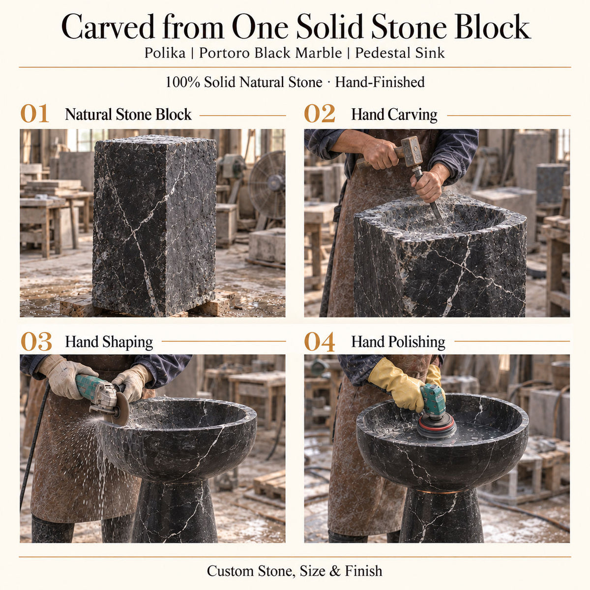 Polika Portoro Black Marble Pedestal Sink carved from one solid natural stone block with hand carving, shaping and polishing