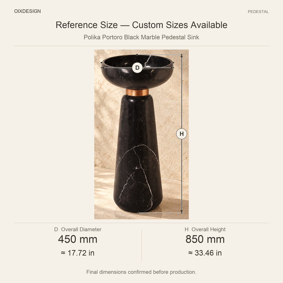 Polika Portoro Black Marble Pedestal Sink reference overall dimensions in millimeters and inches