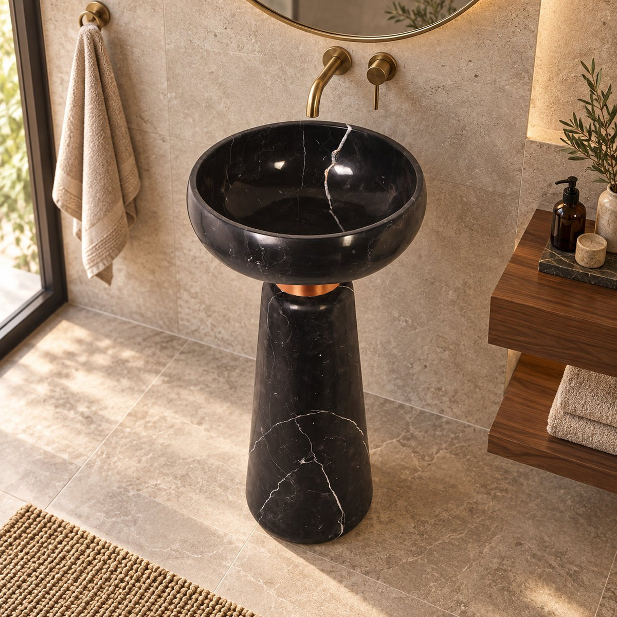 Polika Portoro Black Marble Pedestal Sink — elevated full pedestal bathroom lifestyle