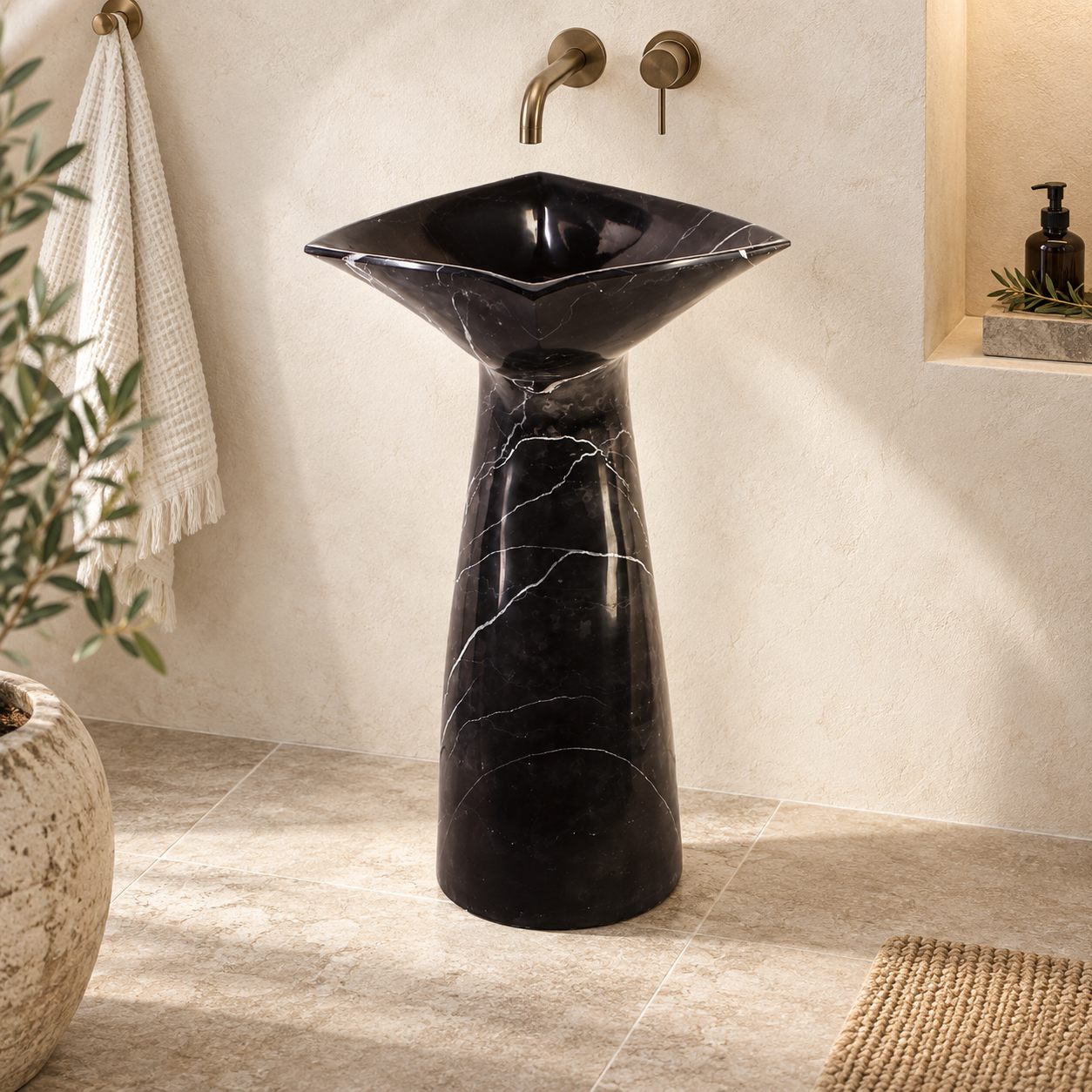 Polis Portoro Black Marble Pedestal Sink — complete pedestal sink in a warm plaster bathroom