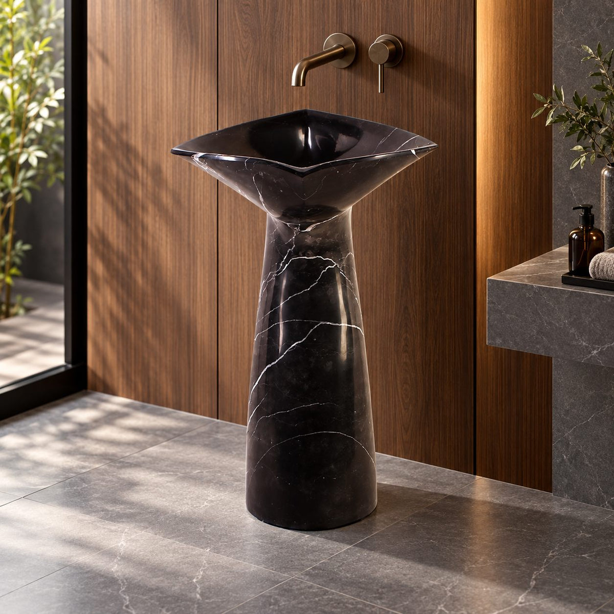 Polis Portoro Black Marble Pedestal Sink — opposite room view showing the basin and full-height pedestal