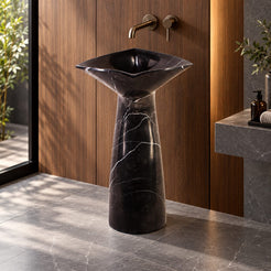 Polis Portoro Black Marble Pedestal Sink — opposite room view showing the basin and full-height pedestal