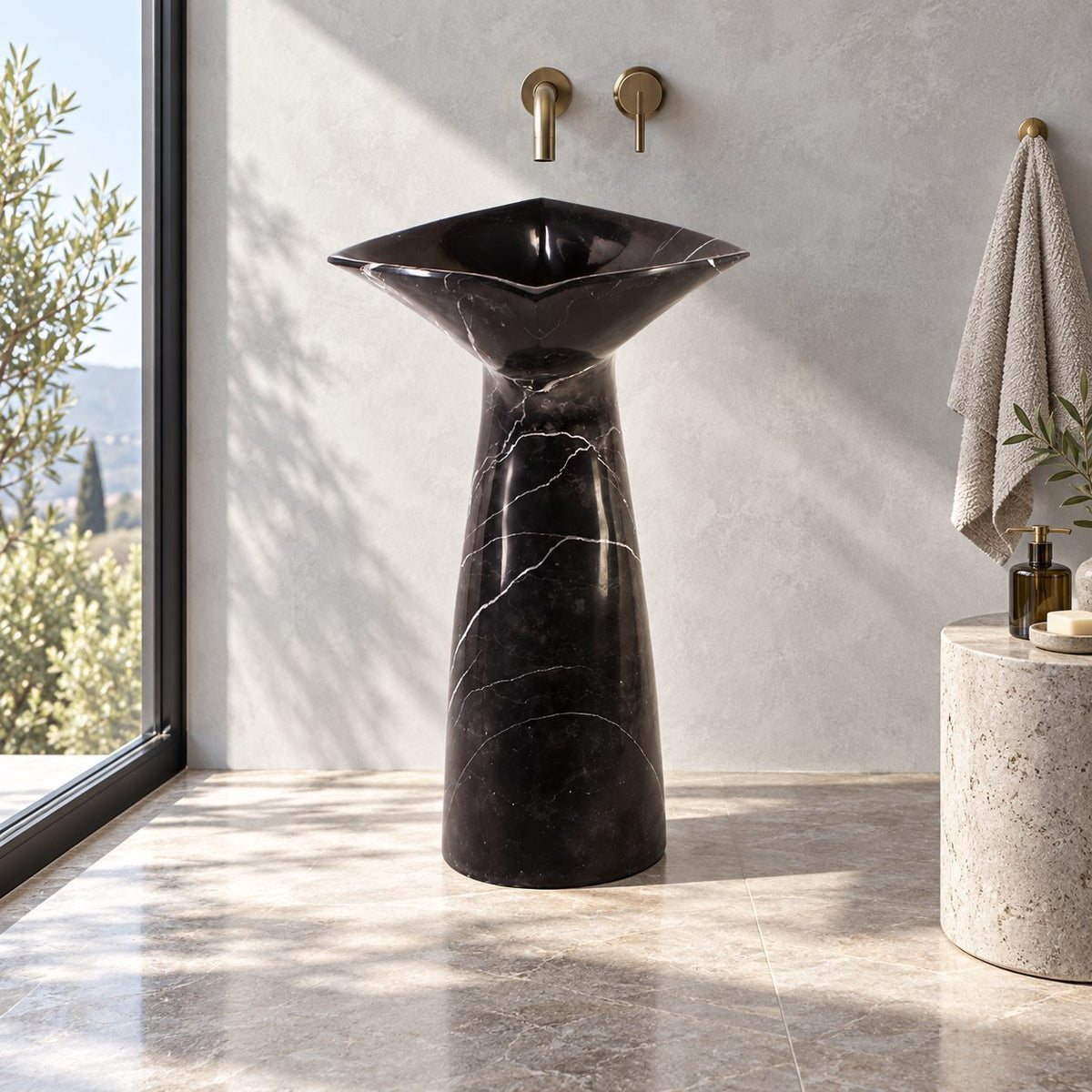 Polis Portoro Black Marble Pedestal Sink — daylight setting showing the complete pedestal form