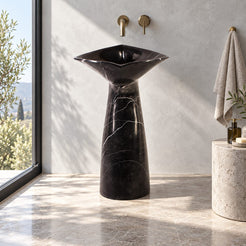 Polis Portoro Black Marble Pedestal Sink — daylight setting showing the complete pedestal form