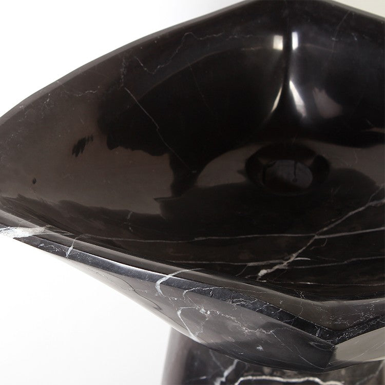 Polis Portoro Black Marble Pedestal Sink — original close view showing the angular rim and basin interior