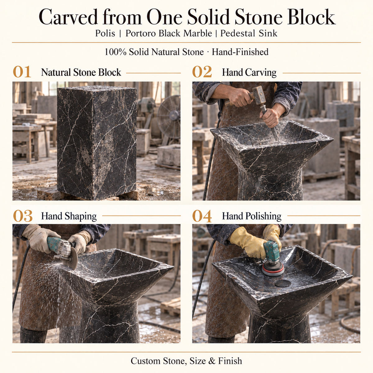 Polis Portoro Black Marble Pedestal Sink carved from one solid natural stone block with hand carving, shaping and polishing