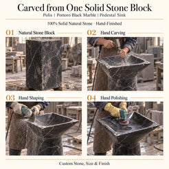 Polis Portoro Black Marble Pedestal Sink carved from one solid natural stone block with hand carving, shaping and polishing