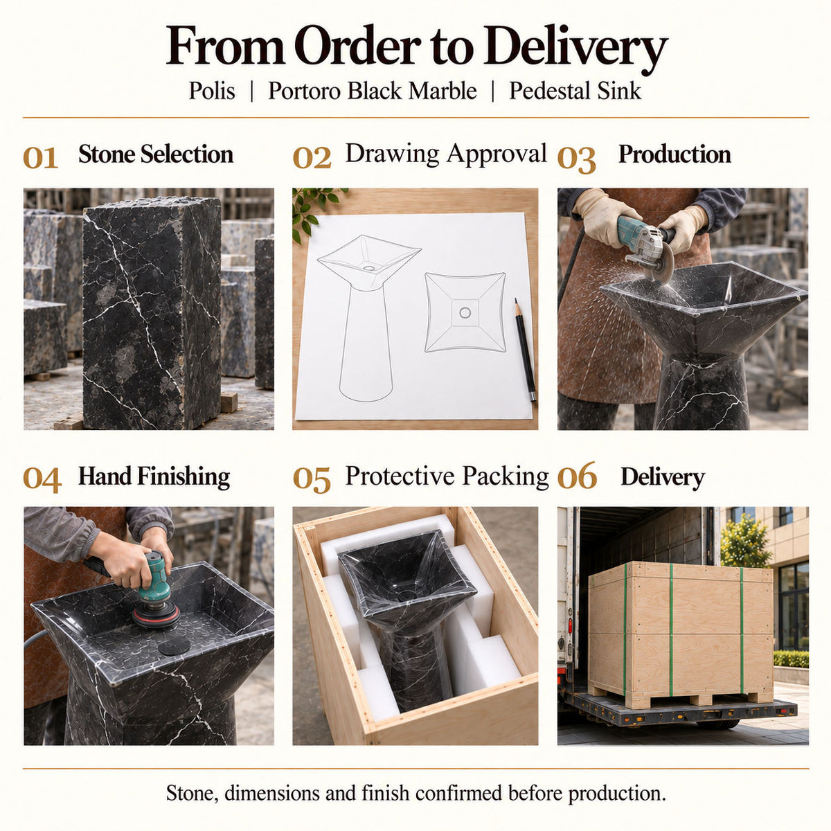 Polis Portoro Black Marble Pedestal Sink order process from stone selection and drawing approval to production, hand finishing, protective packing and delivery
