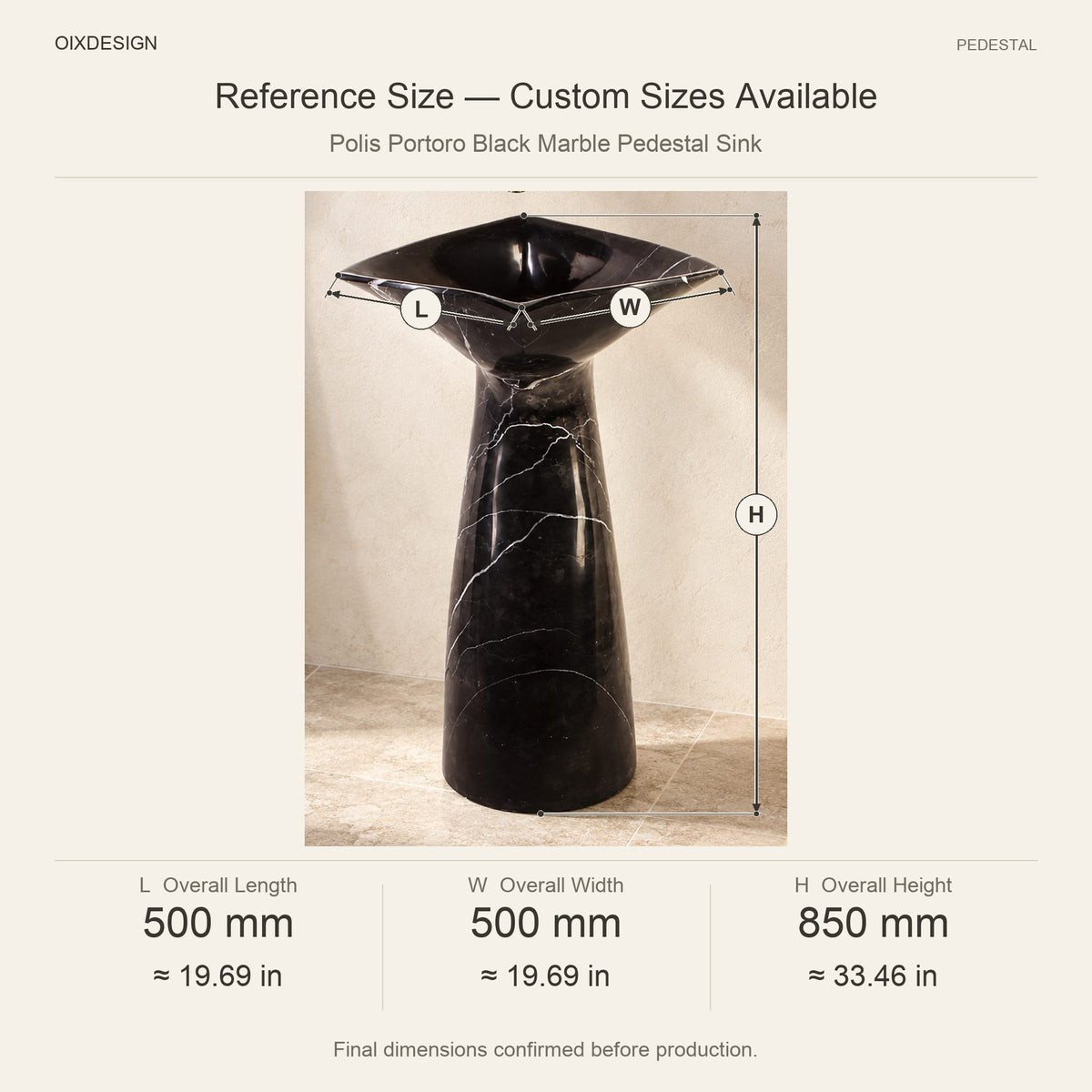 Polis Portoro Black Marble Pedestal Sink reference overall dimensions in millimeters and inches