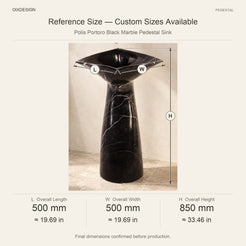 Polis Portoro Black Marble Pedestal Sink reference overall dimensions in millimeters and inches