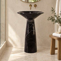 Polis Portoro Black Marble Pedestal Sink — low frontal bathroom lifestyle