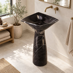 Polis Portoro Black Marble Pedestal Sink — high opposite three-quarter bathroom lifestyle