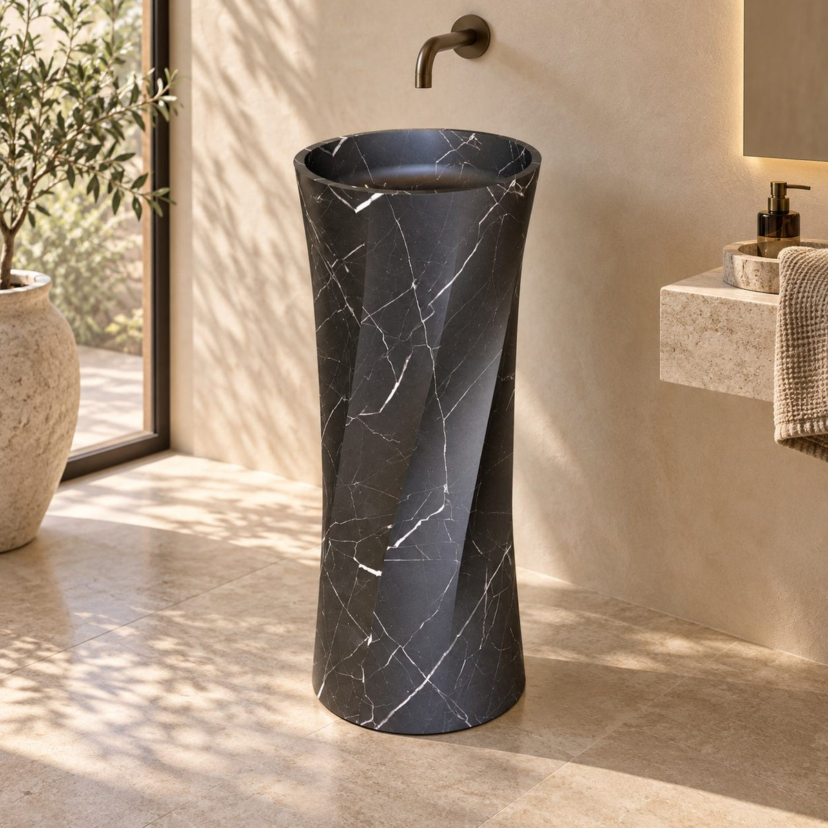 Polita Portoro Black Marble Pedestal Sink — complete pedestal sink in a warm plaster bathroom