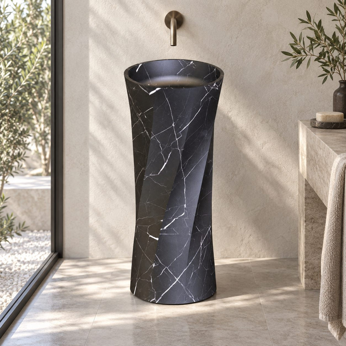 Polita Portoro Black Marble Pedestal Sink — daylight setting showing the complete pedestal form