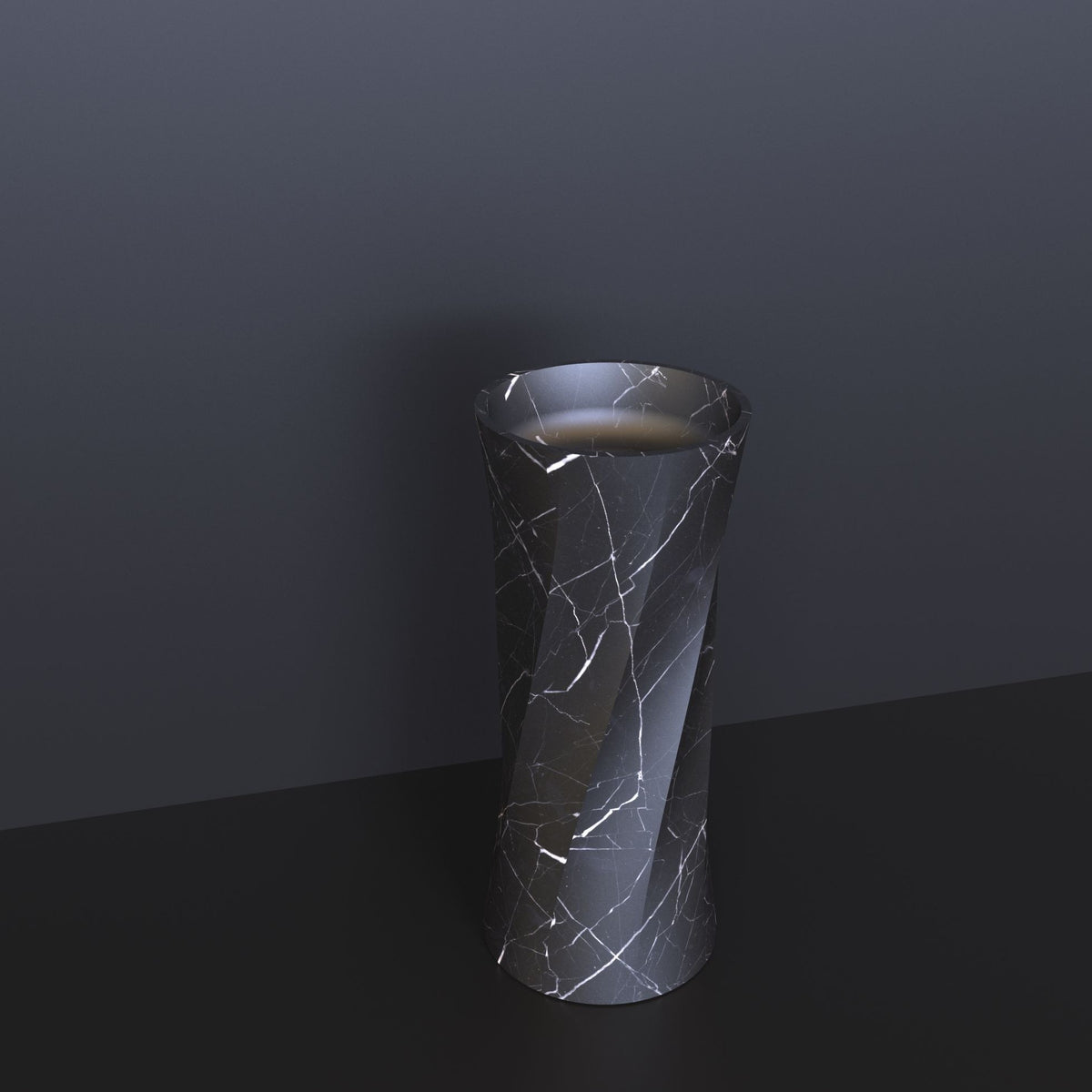 Polita Portoro Black Marble Pedestal Sink — original product view of the recessed basin and twisted column
