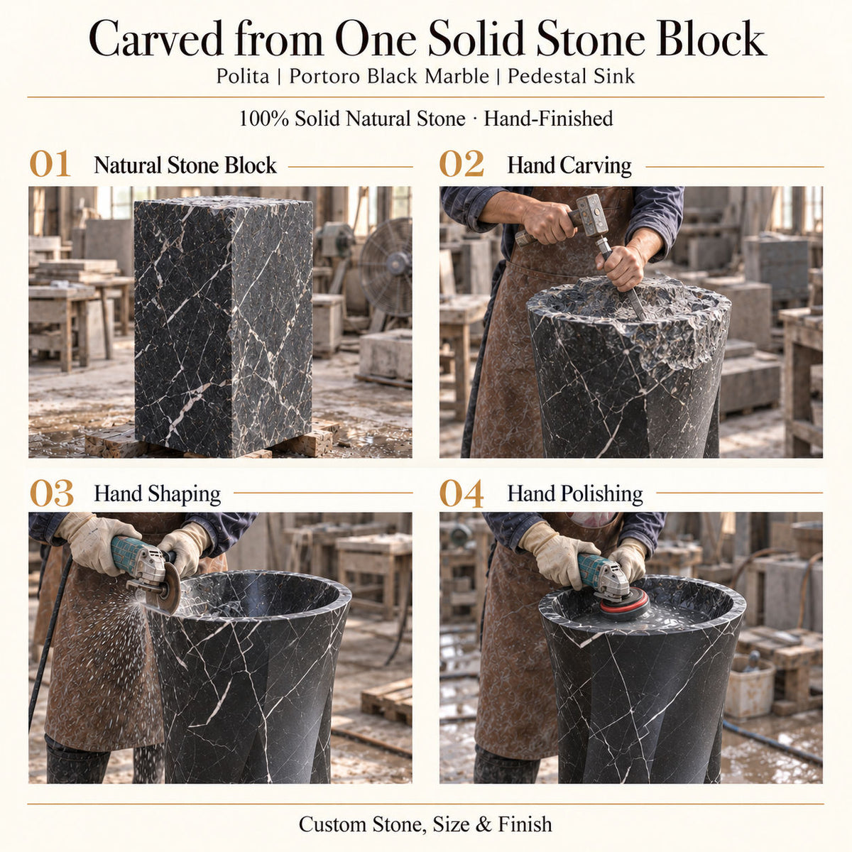 Polita Portoro Black Marble Pedestal Sink carved from one solid natural stone block with hand carving, shaping and polishing