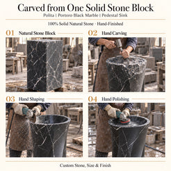 Polita Portoro Black Marble Pedestal Sink carved from one solid natural stone block with hand carving, shaping and polishing