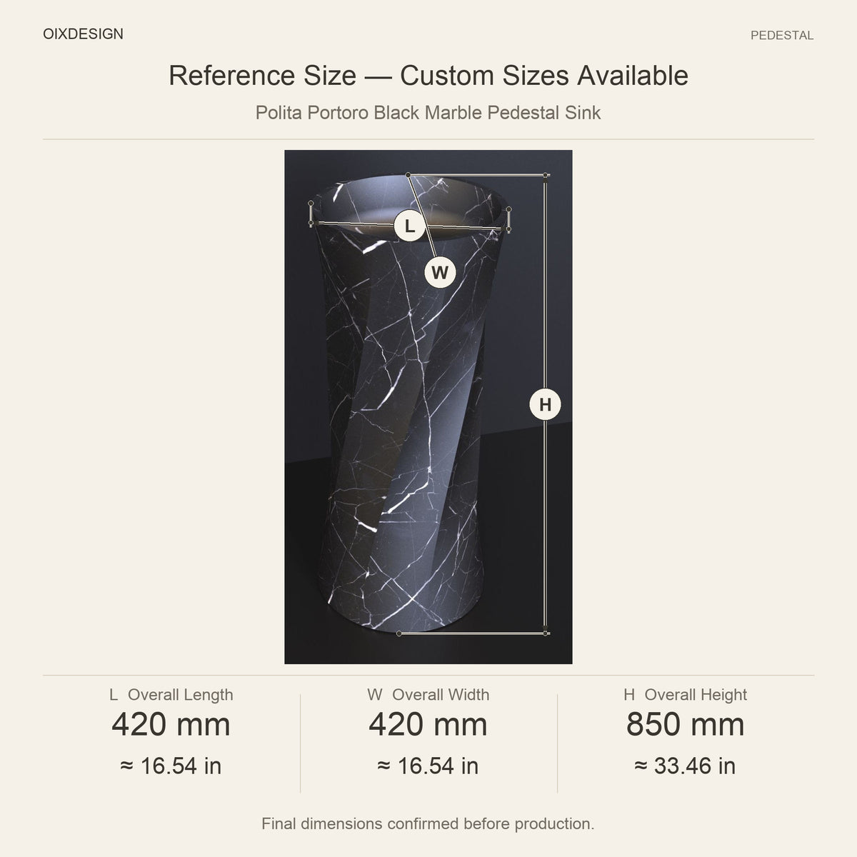 Polita Portoro Black Marble Pedestal Sink reference overall dimensions in millimeters and inches