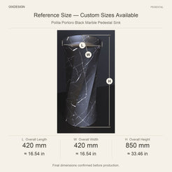 Polita Portoro Black Marble Pedestal Sink reference overall dimensions in millimeters and inches