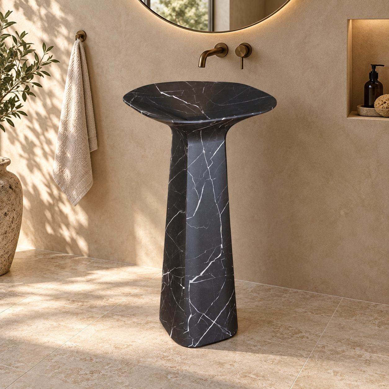 Polona Portoro Black Marble Pedestal Sink — complete rounded-rectangular basin and pedestal in a warm bathroom
