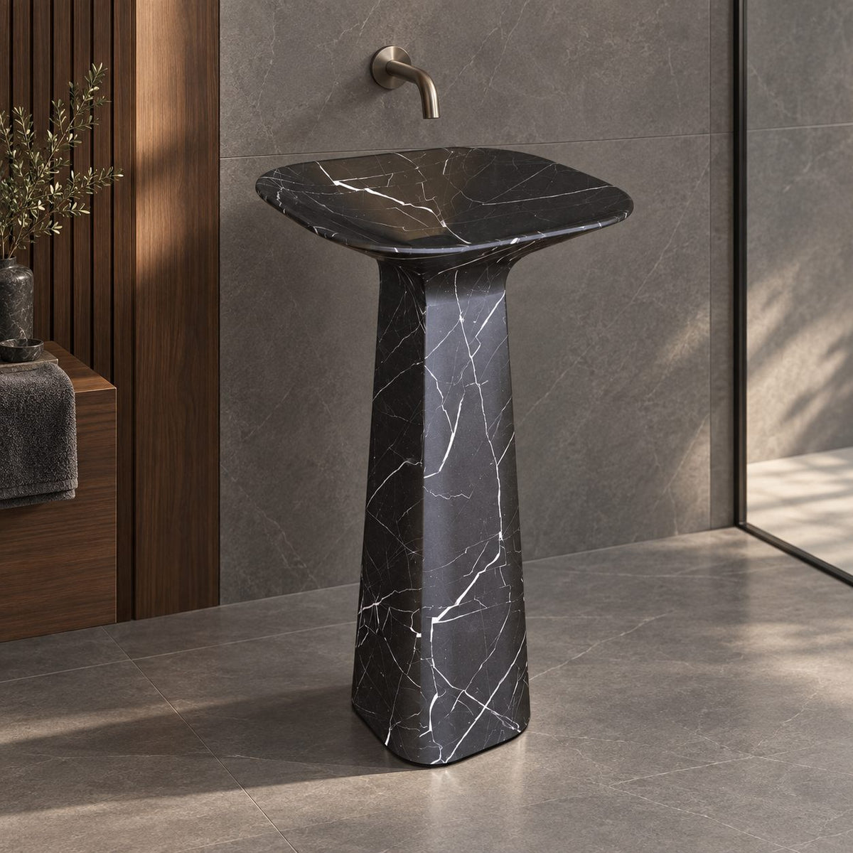 Polona Portoro Black Marble Pedestal Sink — alternate bathroom view showing the faceted column and full base