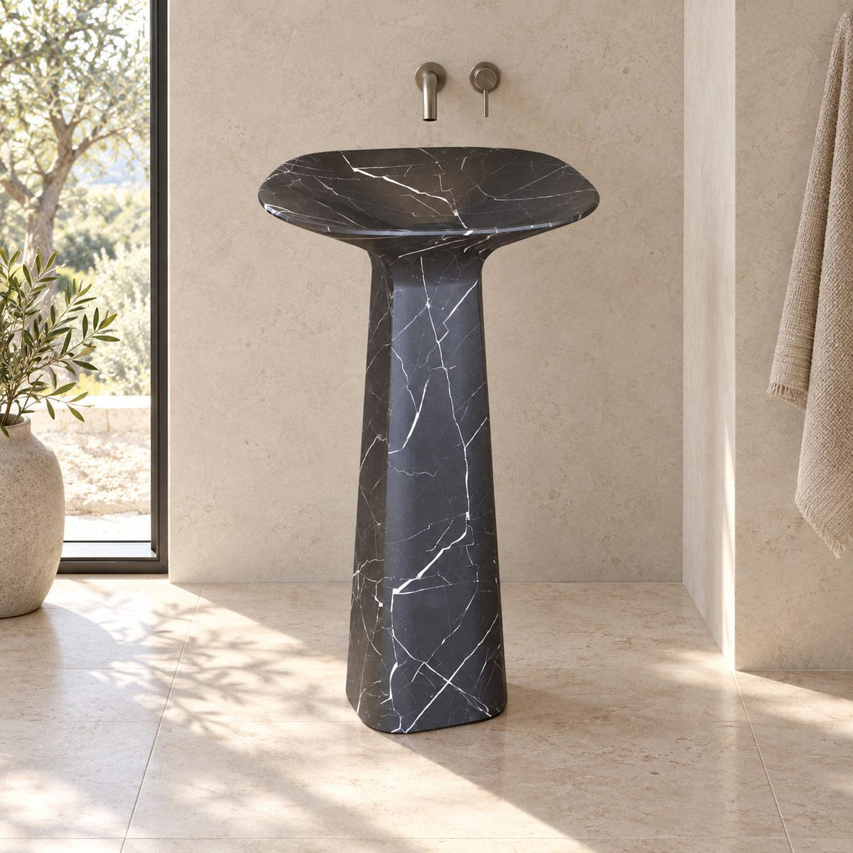 Polona Portoro Black Marble Pedestal Sink — daylight view of the shallow basin and complete floor-standing form
