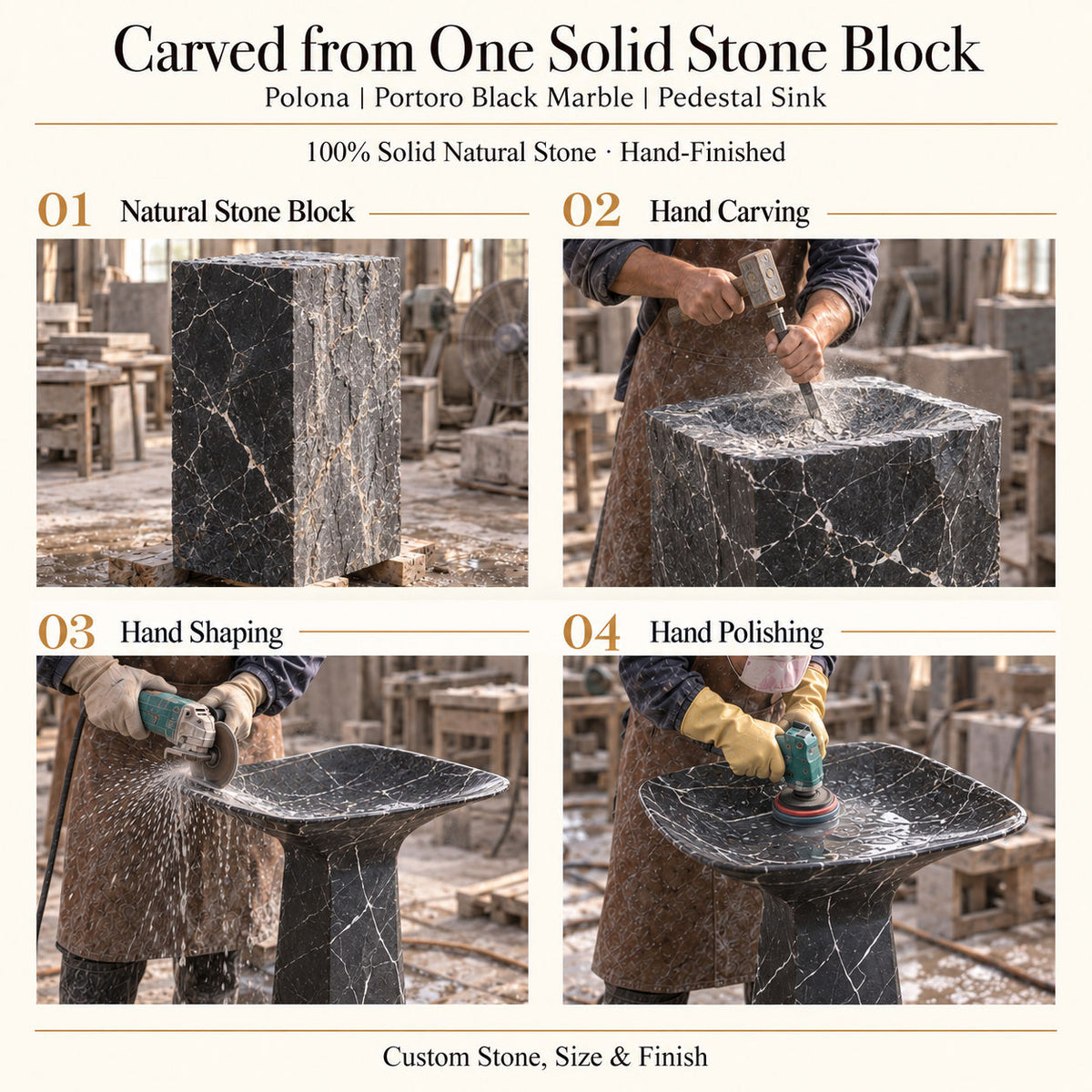 Polona Portoro Black Marble Pedestal Sink carved from one solid natural stone block with hand carving, shaping and polishing