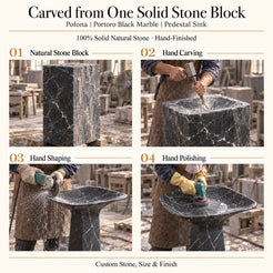 Polona Portoro Black Marble Pedestal Sink carved from one solid natural stone block with hand carving, shaping and polishing