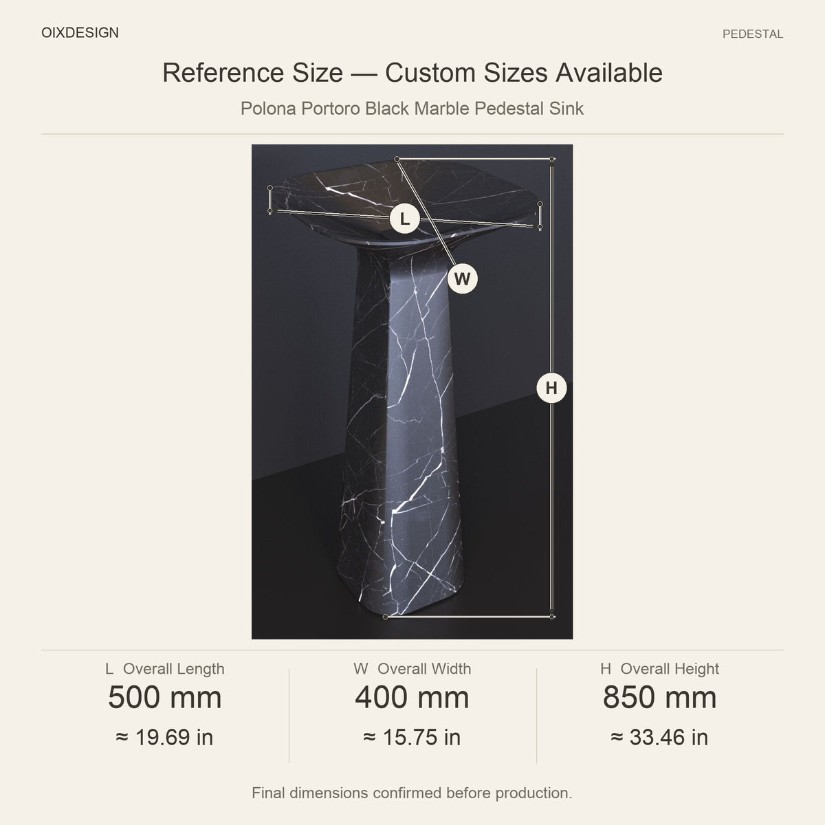 Polona Portoro Black Marble Pedestal Sink reference overall dimensions in millimeters and inches