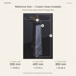 Polona Portoro Black Marble Pedestal Sink reference overall dimensions in millimeters and inches