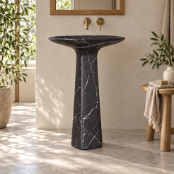 Polona Portoro Black Marble Pedestal Sink — low frontal bathroom lifestyle