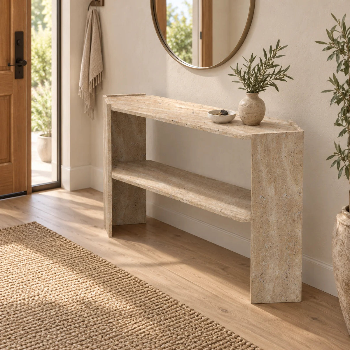 Right-front view of the Pomona beige travertine console table and lower shelf in a sunlit entryway beside an oak door