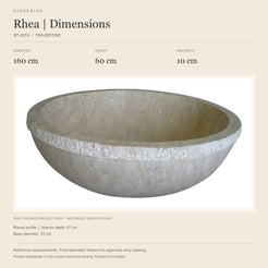 Rhea BT-057A Travertine bathtub reference dimensions: diameter 160 cm, height 60 cm, rim width 10 cm; actual-source product image in a warm ivory specification layout