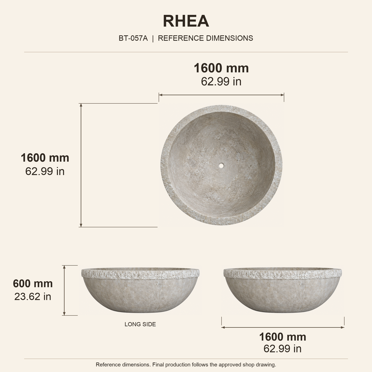 RHEA Round Travertine Freestanding Soaking Bathtub reference dimension drawing with top, long-side and short-end views, measurements in millimetres and inches.