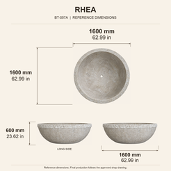 RHEA Round Travertine Freestanding Soaking Bathtub reference dimension drawing with top, long-side and short-end views, measurements in millimetres and inches.