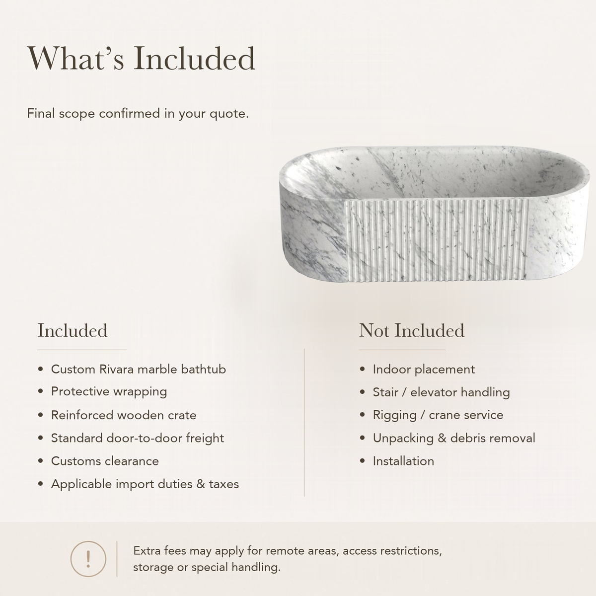 Rivara Fluted Rounded-Rectangle Freestanding Soaking Bathtub – Carrara White Marble — What’s Included in the Reference Price.