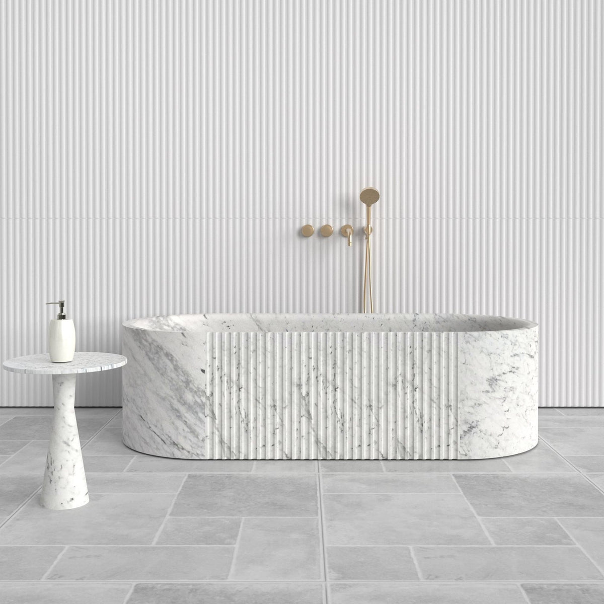 Rivara BT-137A Carrara White Marble fluted bathtub, full-frame hero design rendering